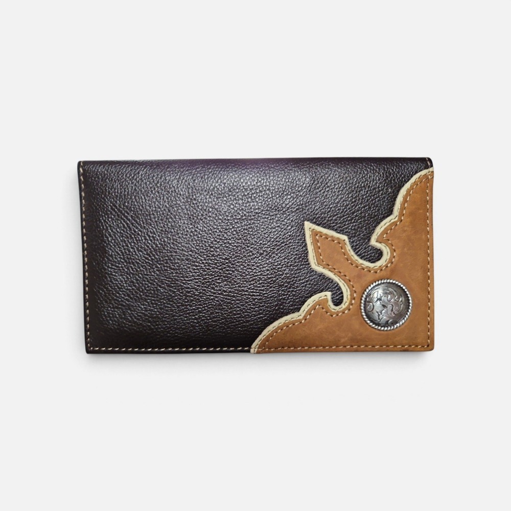 Western Brown Leather Checkbook Wallet Silver Concho Suede Overlay Bifold 0486